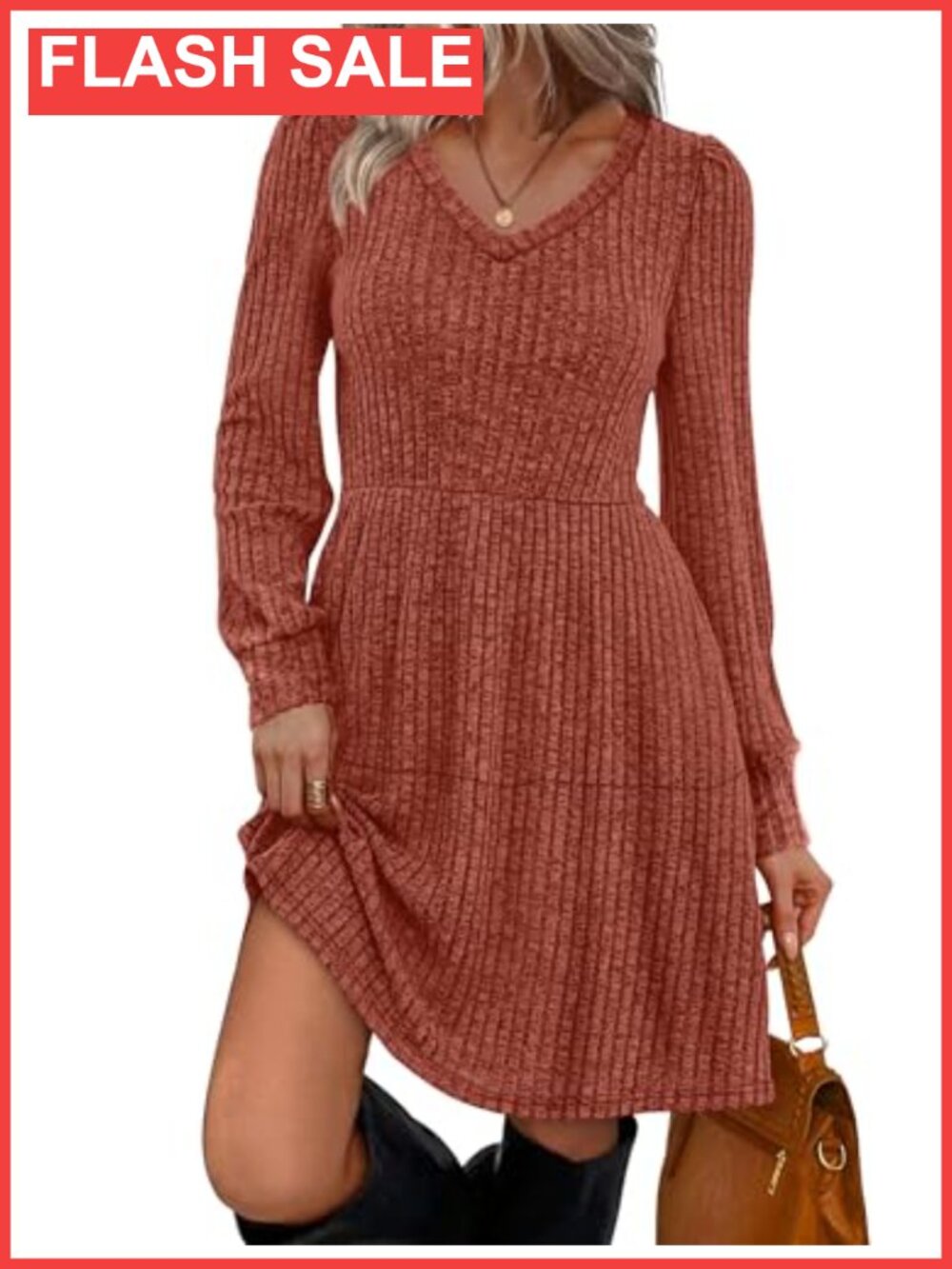 Women's V Neck Long Sleeve Knit Babydoll Sweater Dress Casual